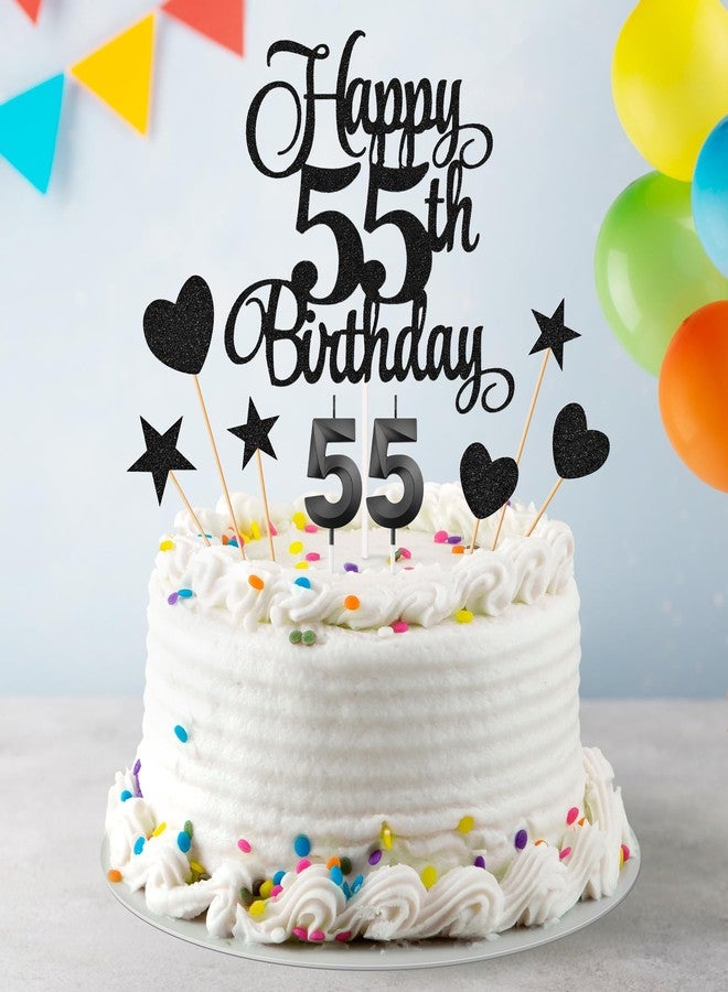 Lecferrarc 55th Birthday Cake Decorations, 55th Birthday Candles Cake Numeral Candles and Glitter Happy 55th Birthday Cake Toppers Set for Birthday Party Supplies (Black) - Image 4